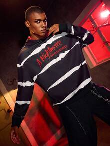 A Nightmare on Elm Street X SHEIN Áo hoodie dáng rộng thoải mái họa tiết kinh dị tối màu và chữ cái cho nam, mùa xuân/thu - màu đen - Xem 4