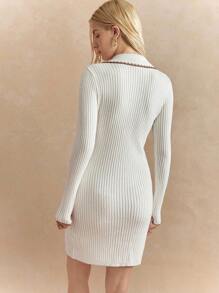 Écloséra 法国复古仿兔毛纱线休闲百搭白色/棕色拼色刺绣小翻领搭配撞色纽扣罗纹长袖修身女式针织毛衣裙适合日常通勤、春秋冬女装、复古、工作服、办公室服、教师装、返校服、秋季、商务休闲、复古风、学院风 - 杏色 - 查看 3