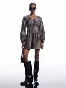 LYSMO 女式竖条纹V领长袖休闲连衣裙 - 彩色 - 查看 3