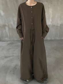 FRIFUL Bộ jumpsuit nữ màu nâu trơn, cổ tròn, cài cúc ở eo, ống thẳng, dáng rộng, thoải mái, thích hợp cho du lịch sân bay, mùa thu. - Cà phê nâu - Xem 3