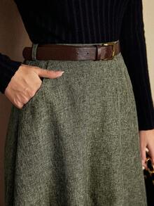 Vintamour 复古优雅女式高腰带口袋半身裙，宽松A字裙，休闲/工作服圣诞裙派对裙新年除夕感恩节假期冬季半身裙 - 軍綠色 - 查看 3