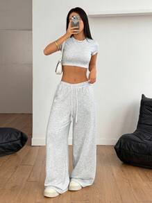 SHEIN PETITE 女士休闲纯色短款 T 恤和裤子两件套，夏季 - 灰色 - 查看 5