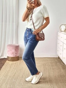 EMERY ROSE Women's Button Front Pocket Flare Casual Versatile Jeans - Blue - View 3