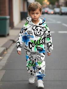 SHEIN 2pcs Young Boys Casual Loose Comfortable King Letter Tie-Dye Gradient Streetwear Sports Style Hooded Sweatshirt Set, Suitable For Autumn/Winter Fall - Multicolor - View 1