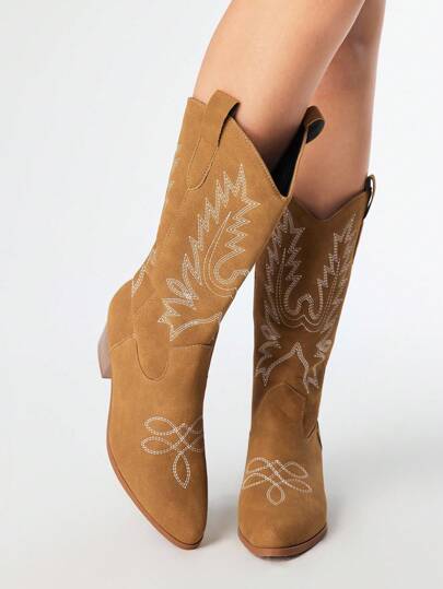 Fairycore Women's Hollow Design Butterfly Wing Embroidered Western Boots, New Leather Over-The-Knee Boots For Spring And Autumn