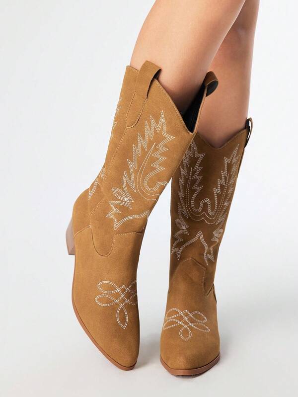 ROMWE Fairycore Women's Hollow Design Butterfly Wing Embroidered Western Boots, New Leather Over-The-Knee Boots For Spring And Autumn