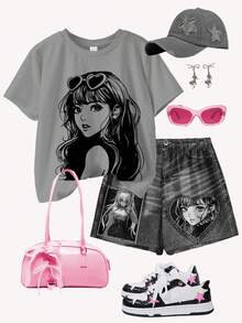 SHEIN Leap Crew Bộ 2 áo thun họa tiết tối giản màu xám than và quần short, phong cách anime dạo phố cho bé gái tuổi teen, họa tiết đen trắng cho bé gái, trang phục mùa hè, thoải mái dễ chịu, nhiều lớp quần áo mùa thu cho bé gái tuổi teen, bé gái sành điệu, trang phục thường ngày, quần áo họa tiết trẻ em, trở lại trường, quần áo mùa thu, tiệc chào đón - Nhiều màu - Xem 3