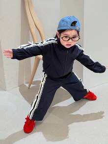 DAZY Conjunto de chaqueta casual de estilo coreano con lazo de unicolor para bebés niñas en otoño/invierno - Azul Marino - Ver 5