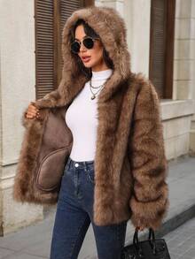 EMERY ROSE Women's Solid Color Long Sleeve Open Front Loose Faux Fur Jacket Winter Coats For Women Winter Clothes For Women Going Out,Fall