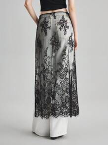 Ontre 2025秋季蕾丝女式侧系带罩裙，时尚简约设计，都市通勤商务休闲装，派对百搭休闲商务办公装，优雅都市通勤风，高品质机场时尚半身裙 - 黑色 - 查看 3