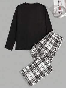 RueChic 男士舒适休闲印花长袖 T 恤和格子长裤睡衣套装