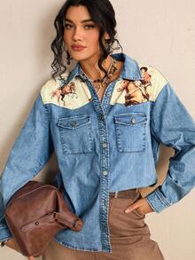 Freevana Áo sơ mi denim màu denim phong cách du mục đã giặt dành cho nữ cỡ lớn - Nhiều màu - Xem 8