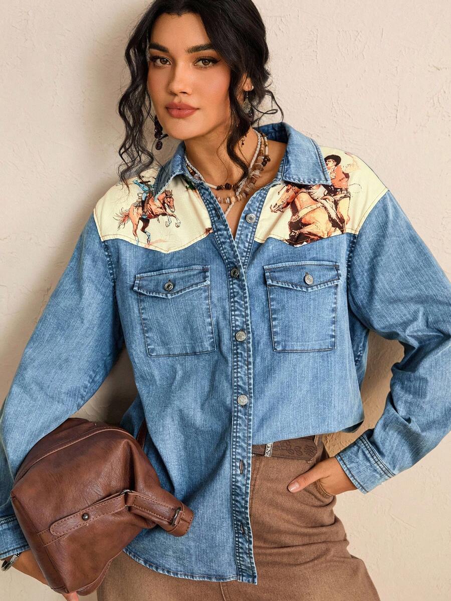 Freevana Washed Nomadic Style Denim Color Plus Size Women Shirt Western Casual Elegant Cowgirl Button Up Tops Blouses Rodeo Fall Holiday Vacation - Multicolor - View 1
