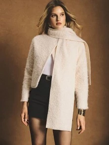 Poéselle Women's Overcoat With Scarf And Pockets, Solid Color Minimalist Long Sleeve Overcoat, Everyday Wear Winter Chic Fall Overcoat - Apricot - View 2