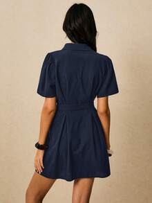 Poéselle Women's Minimalist Commuter Button-Up Belted Mini Shirt Dress - Navy Blue - View 7