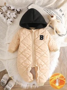 SHEIN 1 件婴儿男童纯棉连帽拉链连体衣，韩版休闲加厚保暖装，适合日常穿着，百搭冬季新品 - 卡其色 - 查看 1