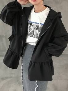 FRIFUL 女士宽松连帽夹克，金属拉链装饰，荷叶边下摆，纯色夹克，Y2K荷叶边夹克，黑色夹克，超大款夹克，女士外套
