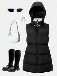 SHEIN Teen Girl Plain Zip-Up Sleeveless Hoodie Casual Padded Coat Black Puffer Vest Winter Black Long Puffer Vest Hooded Puffer Vest Fall - Black - View 6