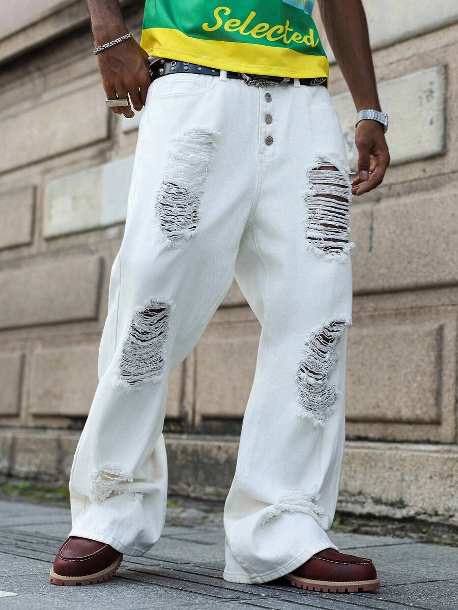 PAVTROS Quần Jeans Denim Nam Mùa Hè Màu Trắng, Phong Cách Đường Phố, Nhiều Nút, Thiết Kế Độc Đáo - trắng - Xem 1