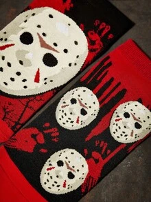 WB Horror X SHEIN 2 Pairs Men&Women Soft&Breathable Moisture-Wicking Casual Ankle Socks With Pattern Fashionable And Cute Black&Red Short Socks Reinforced Toe & Heel For Durabiliy Unisex For Men & Women All Season All-Match Summer Winter - Multicolor - View 3