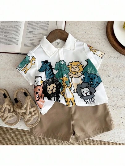 SHEIN 2pcs/Set Baby Boy/Girl Cute Cartoon Print Short Sleeve Shirt & Elastic Waist Khaki Shorts Set, Summer