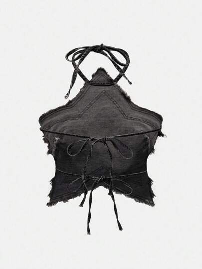Grunge Punk Blusa de tela vaquera con cuello de corbata, diseño de estrella de cinco puntas desgastada y bajo deshilachado, talla grande y sexy