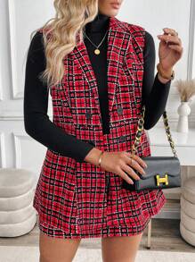 SHEIN LUNE Women's Plus Size Plaid Pattern Vest + A-Line Midi Skirt 2 Pieces Set, Elegant For Daily Commute - Red - View 3