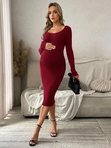SHEIN 孕妇装弹力及膝长袖修身毛衣裙