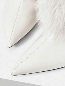 MOTF 毛茸茸的尖头高跟中筒靴，宽松的及膝靴，适合通勤、约会、派对和其他时尚场合 - 米色 - 查看 6