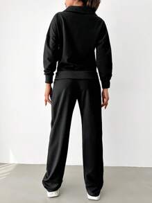 EURMUSE Women's Casual Solid Color Sweatshirt And Sweatpants 2 Pieces Set - Black - View 2