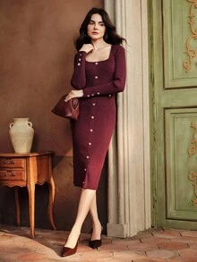 Anewsta Vestido de suéter de cuello alto ajustado elegante de punto burdeos para mujer, vestido brillante, vestido burdeos, vestido de fiesta elegante, ropa de mujer para Navidad