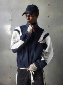 NEON BLANC Men's Casual Versatile Contrast Color Patchwork Zip Jacket, For Outdoor, Spring - Navy Blue - View 5