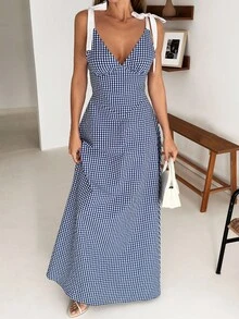 EURMUSE 女士，春季，夏季，长裙，系带肩，快乐，旅行，度假，格子，A字裙