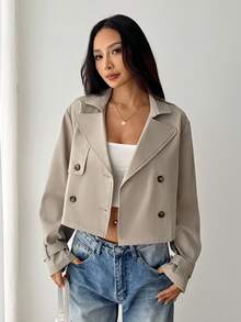 SHEIN PETITE 女款卡其色純色雙排扣短版夾克外套 秋季/教師節 辦公商務 經典優雅休閒 - 杏色 - 查看 6