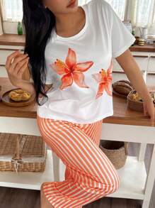 SHEIN 不对称设计女式睡衣套装，采用针织面料和鲜艳的橙色条纹 条纹睡裤 女式碎花睡衣套装 女士夏季睡衣套装 橙色睡衣套装 女士橙色睡衣套装 女士碎花睡衣套装 - 彩色 - 查看 7