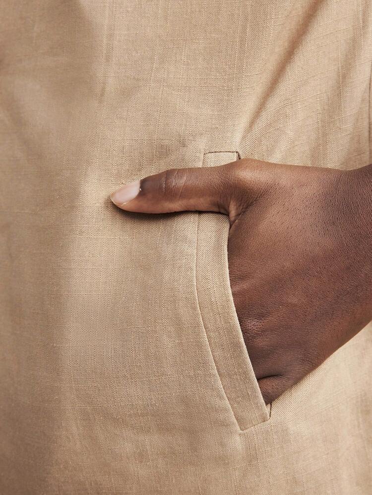 SHEIN Maija Women's Brown-Gray Linen Blend Fabric Versatile Modern City Fashion Essential, Comfortable Linen Loose Sleeve Splice Decor Business Casual Office Wear, Low-Key Wealthy Style, Urban Commute & Social Occasion Blazer Modern Urban Casual Fashion Business Casual Women's Office Wear Low-Key Old Money Style Effortless Temperament High-End Urban Commuting High-Quality Airport Women's Wear High-End Material In Fall/Winter