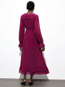 Maija Women's Magenta Chiffon Elegant V-Neck Long Sleeve Ruffle Dress,Autumn Semi-Sheer Textured Tie Waist Asymmetric Hem Boho Dress,Bar Party Casual Outfit - Red Violet - View 6