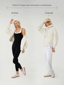 GLOWMODE Cozy Thick Polar Fleece Soft Warm Bomber Adjustable Drawstring Hoodie Windproof Ribbed Hem Cuffs Jacket With Side Pockets Daily Casual Winter - Beige - View 2