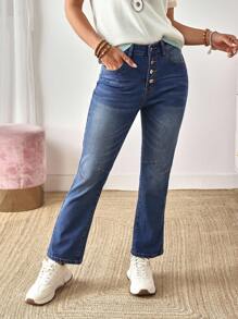 EMERY ROSE Women's Button Front Pocket Flare Casual Versatile Jeans - Blue - View 6