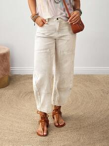 EMERY ROSE Quần jeans ống loe bỏ túi dáng rộng cỡ lớn cho nữ, màu be nhạt, màu mơ nhạt, quần lửng thu đông mới - Màu be - Xem 1