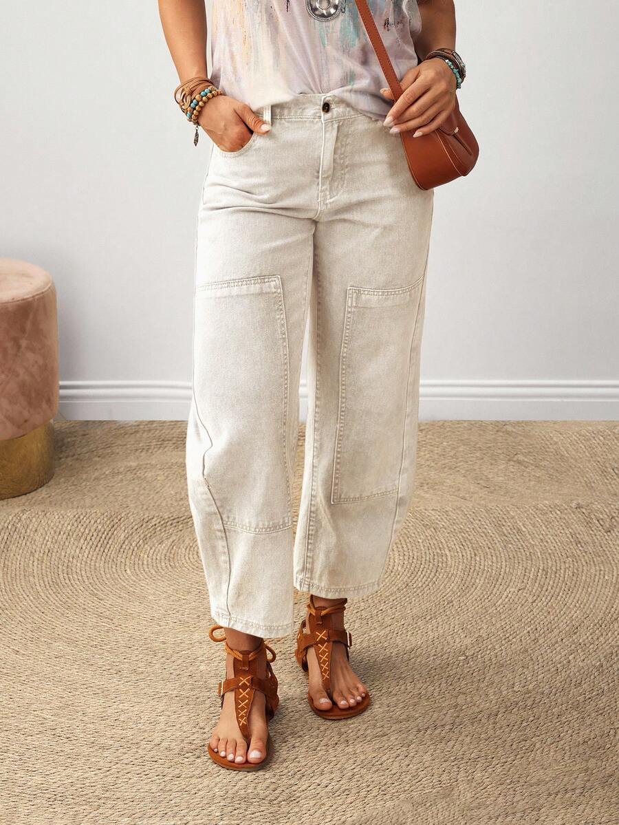 EMERY ROSE Quần jeans ống loe bỏ túi dáng rộng cỡ lớn cho nữ, màu be nhạt, màu mơ nhạt, quần lửng thu đông mới - Màu be - Xem 1