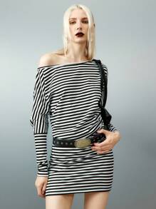 Airlisse Black Striped Off-Shoulder Long Sleeve Dress - Black and White - View 4