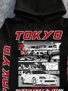 SHEIN Bolty Tween Boy Autumn New Arrival, Casual Minimalist Style, Graffiti Handpainted Vintage Car, Academic Style, English Letter, Sporty Style, Street Style, Y2K Cartoon Pattern Loose Fit Thick Sweatshirt, Suitable For Autumn/Winter Fall - Black - View 5