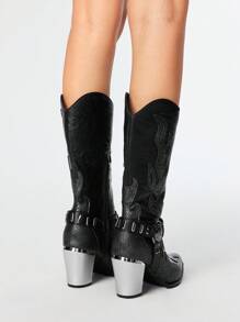 ROMWE Grunge Punk Women's Western Style Embroidered Pointed Toe Mid-Calf Boots - Black - View 6