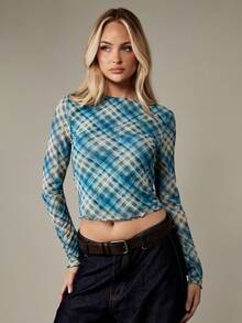 MISSGUIDED 斜格子印花长袖网眼上衣生菜边下摆 Y2K 时尚冬秋休闲弹力分层短款上衣基本款修身女式上衣 - 彩色 - 查看 4