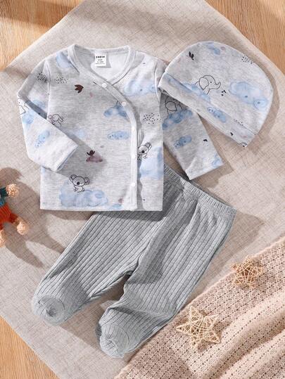 3件套新生儿婴儿蓝色卡通云朵和动物印花长袖裤子和帽子套装，睡衣