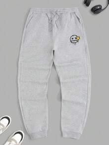 RueChic Men Smile Printed Elastic Drawstring Waist Regular Sweatpants - Grey - View 2