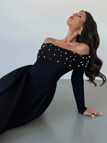 Firerie Vestido largo de línea A con hombros descubiertos, manga larga, fruncido y cuentas para mujer, vestido elegante y sexy para eventos de noche, vestido vintage con decoración de perlas, adecuado para primavera, verano, otoño, elegante, viajes, sexy, vacaciones, playa, estilo bohemio, Hawái, festivales de música, romántico, citas, fiestas, bodas, graduación, actuaciones, conciertos, trabajo, regreso a clases, cumpleaños de mujer - Negro - Ver 4