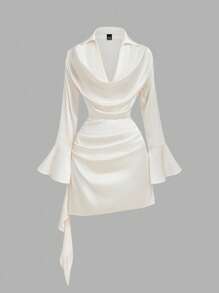 SHEIN MOD Women's Pleated Elegant Apricot Crepe Ruffle Collar Bell Sleeve Blouse,Fall/Winter,Western Wear Women,2000s Style,Western All White Party Outfits For Women,Vintage ,Winter All White Party Outfit For Women,Off The Shoulder ,Airport All White Party Outfit For Women,Halloween Costumes,Teacher All White Party Outfits For Women,Office All White Party Outfits For Women,Satin Dress,Elegant Dresses For Women - Apricot - View 3