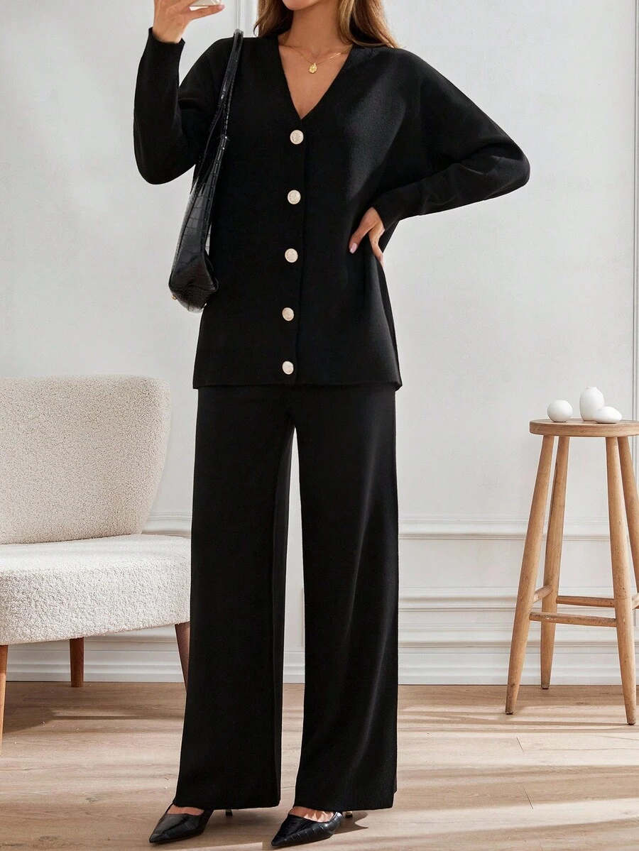 SHEIN Tall Completo da donna di grandi dimensioni composto da cardigan con dettagli in oro e pantaloni, 2 pezzi - nero - Visualizzare 1